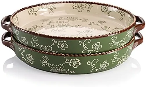 AVLA 2 Pack Ceramic Pie Pan, 9 Inch Round Baking Dish with Double Handle, 28 Ounce Deep Quiche Plate for Kitchen, Cooking, Roasting Lasagna (Sakura, Green)
