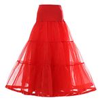 Women's A-Line Swing Long Petticoat Solid Pleated Underskirt Mesh Tulle Tutu Skirt Elastic High Waist Flowy Skirt Ball Gown Wedding Dress Skirt, Red, Small/Medium