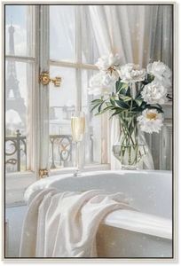 Art Remedy Ivory Bathroom in Paris Canvas Glam Bathroom Art, Silver Frame, 36" x 54"