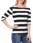 Allegra K Women's Elbow Sleeves T-Shirt Casual Boat Neck Slim Fit Tee Black White Medium