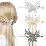 3 Pcs Butterfly Tassel Hair Sticks Metal Rhinestone Pearl Hair Chopsticks Vintage Classical Sticks Long Tassel Chinese Hair Jewelry Accessories for Women