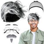 EMAGEREN 7 Pcs Old Man Costume Accessories Grandpa Costume Set Grandfather Fancy Dress Grandpa Wigs Men's Wigs with Gray Mustache Eyebrows Wigs&Cap Glasses For Halloween Cosplay Retro 80s Party,Gray