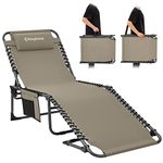 KingCamp Folding Chaise Lounge Chair for Outside Beach, Sunbathing, Patio, Pool, Lawn, Deck, Lay Flat Adjustable Portable Heavy-Duty Camping Reclining Chair with Shoulder Strap and Pillow(Beige)