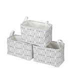 Foldable Storage Shelf Basket Bins Set 3-Pack Collapsible Linen Fabric Storage Box Striped Cube Containers with Handles for Baby Nursery Toys, Kids Clothes, Towels, Black and White