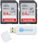 SanDisk 64GB SDXC SD Ultra Memory Card (Two Pack) Works with Canon EOS Rebel T7, Rebel T6, 77D Digital Camera Class 10 (SDSDUNR-064G-GN6IN) Bundle with (1) Everything But Stromboli Combo Card Reader