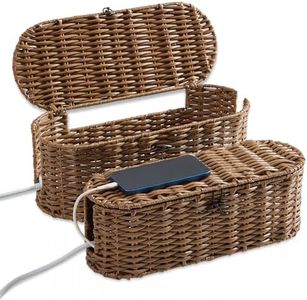 FairyHaus Cable Management Box 2Pack Brown, Handwoven Large and Small Cable Organizer Box Cover to Hide Cords and Power Strip, Imitation Wicker Cord Organizer Box Hider for Office Desk and Floor