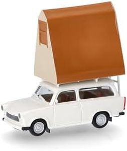 herpa 024167-002 Model Car Trabant 601 Universal with Roof Tent, Miniature in Scale 1:87, Collectible, Made in Germany, Model Made of Plastic, Miniature Model, Grey White