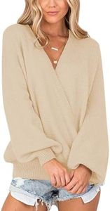 LookbookStore Women's Knit Long Sleeve Faux Wrap Surplice V Neck Sweater Top Light Beige Womens Sweaters Fall 2024 Low Cut Tops Size XX-Large Size 20 22