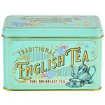 New English Teas Vintage Victorian Tea Caddy with 40 English Breakfast Tea Bags, Forget Me Not Florals, Ceylon Tea Bags, Black Tea, Mint Green Small Tea Tin