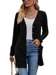 Famulily Solid Color Black Long Cardigan for Women UK, Ribbed Knit Lightweight Outerwear Sweater with Pockets (M, Black)