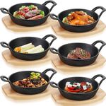 Nuogo 6 Sets Mini Cast Iron Sizzler Plates Skillet with Wooden Base Cast Iron Skillet Round Fajita Plate Mini Black Cast Iron Pot for Kitchen Restaurant Baking Cooking Serving(6.3 Inches)