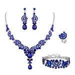 Ever Faith Costume Rhinestone Jewellery Sets for Women, Crystal Floral Wave Teardrop Necklace Dangle Earrings Bracelet Ring Set Royal Blue Silver-Tone