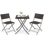 COSTWAY 3 Pieces Patio Rattan Bistro Set, Folding Garden Table and Chairs Set, Metal Frame Outdoor Dining Furniture Wicker Conversation Set for Balcony, Yard, Lawn and Poolside (Brown)