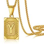 Y Necklace Square Pendant Stainless Steel Jewelry for Men Women Lightning Bolt Chunky Gold Chain Necklace