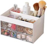 House of Quirk Cosmetics Desk Organiser With Drawer, Multifunctional Desk Organizer, Office Organizer, 4 Plastic Compartments With Drawer, Storage Shelf For Office, School (White)