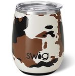 Swig Life 14oz Triple Insulated Stainless Steel Stemless Wine Tumbler with Slider Lid, Dishwasher Safe, Vacuum Insulated Travel Wine Glass in Hayride Cowhide Print (Multiple Patterns Available)