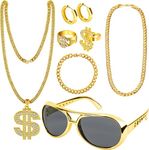 Dreamtop 8Pcs Hip Hop Costume kit 80s 90s Hip Hop Fancy Dress Rapper Fancy Dress Accessories with Disco Gold Dollar Sign Necklace Bracelet Rings Earrings Sunglasses for Women Men Hippie