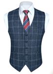 HISDERN Mens Blue Waistcoats Formal Check Waistcoat Plaid Waist Coat Working Wedding Suit Vest Sleeveless V Neck 2XL