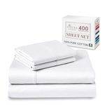 Pizuna Cotton Queen Sheet Set White, 400 Thread Count 100% Long Staple Combed Cotton Sateen Weave Bed Sheets Queen Size with Deep Pocket fit Upto 15 Inch (100% Cotton Queen Sheet Set)
