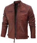 fjackets Real Lambskin Leather Biker Jacket - Quilted Cafe Racer Zip Up Moto Jackets Men, Brown - Jhnson Leather Jacket, Small