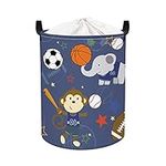 Clastyle 45L Playful Animals Sports Kids Laundry Basket Monkey Elephant Nursery Hamper Basketball Football Round Toy Clothes Storage Basket for Children Room, 14.2x17.7 in