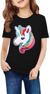 Arshiner Girls Summer Clothes Black Short Sleeve Cotton Unicorn Sequin Shirts Tops for Kids