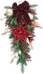 SHACOS 30" Christmas Teardrop Swag Xmas Door Swag Artificial Red Poinsettia Christmas Door Swag with Pine Cones Burgundy Bow Tie Red Berries Christmas Balls Glitter Leaves for Doors Window Home Decor