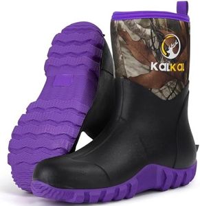 Kalkal Rubber Boots for Women, Waterproof Mid Calf Women Rain Boots with Steel Shank, 6mm Neoprene Insulated Rubber Garden Boots for Women Mud Working Farming Fishing (PurpleCamo, 8)