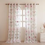 HOMEMONDE Linen Texture Sheer Curtains - Sun Light Filtering Customize Curtain Set of 2, Pink Floral Printed, Hangs with Eyelets