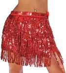 Monbessi Women's Sequin Tassel Skirts Sparkly Belly Dance Wrap Skirt Rave Costume for Party Halloween Music Festival (Red)