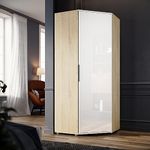 ELEGANT Corner Wardrobe with 2 Hanging Rails and 5 Storage Shelves, Modern White Oak High Gloss & Matt Bedroom Closet Storage, Space Saving Design…