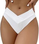 Leoparts Women's V Cut High Waisted Bikini Bottom Ribbed High Cut Cheeky Swimsuit Bathing Suit Bottoms, 824white, Small