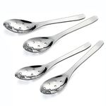 Small Slotted Spoons,4Pcs Modern Stylish Thick Heavy-Weight Short Handle Stainless Steel 10 Holes Durable Caviar Spoon for Soup Cereals Dips Curry Sauces Stews