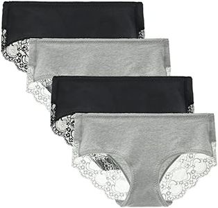 LIQQY Women's 4 Pack Cotton Mid Rise Full Coverage Lace Hipster Brief Panty Underwear (Small, Heather Grey/Black)
