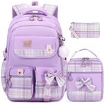 ACESAK Girls Backpack - 3PCS Backpack for Girls Cute School Backpacks for Girls Kindergarten, Purple, L, Backpack for Girls