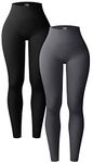 OQQ Women's 2 Piece Yoga Leggings Ribbed Seamless Workout High Waist Athletic Pants, Black Darkgrey, S