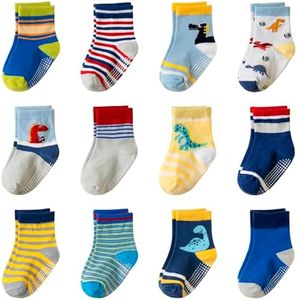 AMENLAN Toddler Non Slip Grips Socks Kids Anti Skid Baby Boys Girls Cotton Crew Socks 12 Pairs (Cartoon B, 1-3 Years)