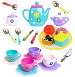 SUPER TOY Plastic Tea Party Pretend Play Kitchen Set with Food Toy for Kids Including Dessert Carrying Case Tea Set for Girls Birthday Toddler Gifts Age 3-12, Multicolor
