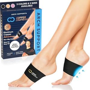 Copper Compression Copper Arch Support - 2 Plantar Fasciitis Braces/Sleeves. GUARANTEED Highest Copper Content. Foot Care, Heel Spurs, Feet Pain, Flat Arches (1 PAIR Black - One Size Fits All)