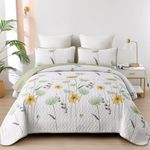 Dinjoy Floral Quilt Set Queen,Green Yellow Bedspread Queen Size 3 Pieces Sage Green Bedding Set Fall Quilts Soft Flower Bedspreads White Coverlet Sets for All Season