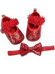 Baby Girls Sequin Glitter Shoes Soft Sole Prewalker Mary Jane Princess Party Dress Crib Shoes with Bowknot Headband (Red, 0_months)