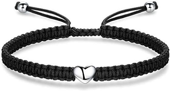 ZENI Heart Bracelet for Women, Black Rope Bracelet 925 Silver Handmade Braid Adjustable Bracelet Love Friendship Christmas Bracelet Gifts for Women Ladies