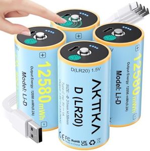 AKTTKA 4 Pack Rechargeable D Batteries, 1.5V Lithium LR20, 500+ Cycles