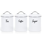 EHC Tea, Coffee, Sugar, Canister Set, Set of 3 Airtight Food Storage Easy to Open Storage Canisters Jars Tin, White