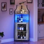 GarveeHome Corner Bar Wine Cabinet with LED Lights, 5-Tier Industrial Wine Cabinet with Glass Holder, Modern Liquor Cabinet with Adjustable Shelf, Home Bar Cabinet with Mesh Door, Grey