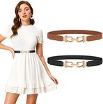 LEACOOLKEY 2 Pack Women Skinny Elastic Belt for Dresses,Thin Retro Stretch Waist Belt with Golden Buckle,Black+Brown,Fit waist size 27"-32"