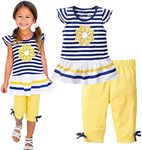 LUKYCILD Baby Girls Summer Clothes Casual Clothing Suit Short Sleeve Striped T-Shirt +Pants, Yellow, 4 Years