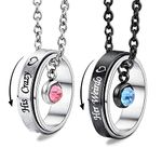 MJartoria Matching Necklaces for Couples, His and Hers Engraved Rhinestone Anxiety Rings Pendant Set Gifts for Boyfriend Girlfriend, Stainless Steel