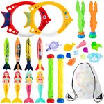 Vinitoy Diving Toys for Swimming Pool, 24 PCS Sinkers for Swimming Kids, Underwater Training Toys Diving Mermaids, Dive Sticks, Torpedo Bandits, Dive Seagrass, Diving Rings with Carrying Bag for Kids