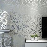 Trafagala 9.5 m x 0.53 m Silver Grey Glitter Striped Wallpaper Modern Damask Embossed Textured Wallpaper for Living Room Bedroom TV Background Non-Woven Wallpaper Roll Retro Leaf